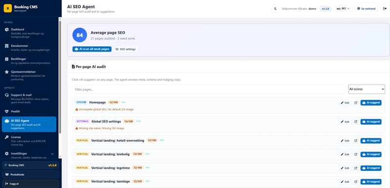 Admin: innebygd AI SEO-agent med per-side score og forslag