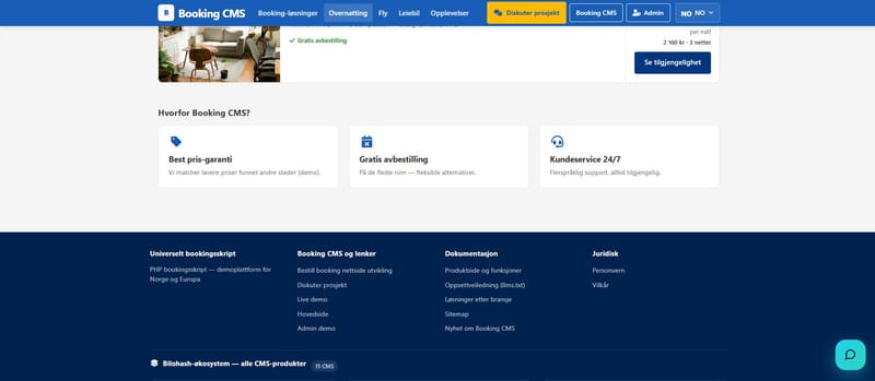 Kategorisøk («Overnatting») med tillitsblokker og footer