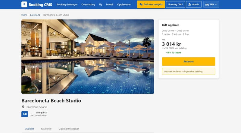 Objektside — bilder, pris, rabatt og «Reserver»-knapp (demo, ingen ekte betaling)