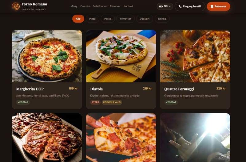 Meny med kategorifiltre (Pizza/Pasta/Forretter/Dessert/Drikke), priser og merker