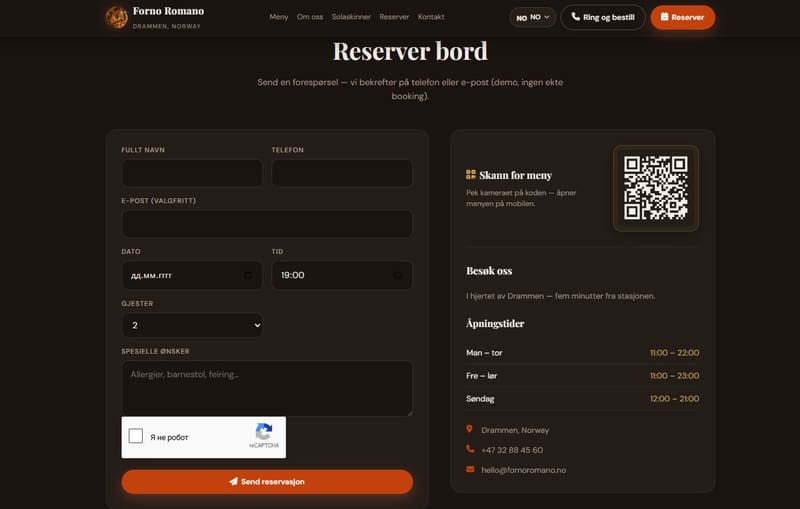 Bordreservasjon med reCAPTCHA, QR-meny og åpningstider