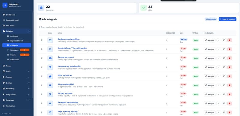Admin: kategoristyring med dra-og-slipp rekkefølge og SEO-score