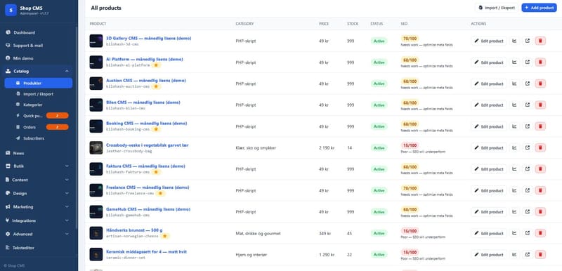 Admin: produktliste med SEO-score per produkt og hurtigredigering