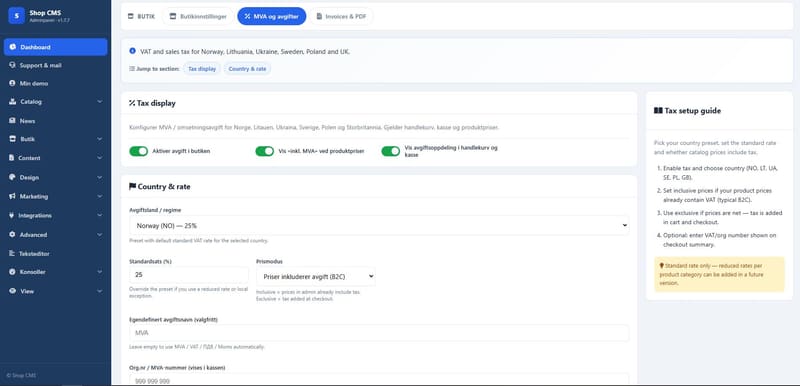 Admin: MVA/avgifter for Norge, Litauen, Ukraina, Sverige, Polen og UK