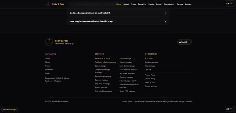 FAQ и футер — частые вопросы, полный список услуг и многоязычный футер