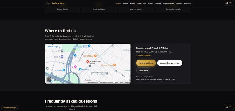Блок «Где нас найти» — адрес, часы работы, встроенная карта Google и кнопки «Проложить маршрут» / «Оставить отзыв»