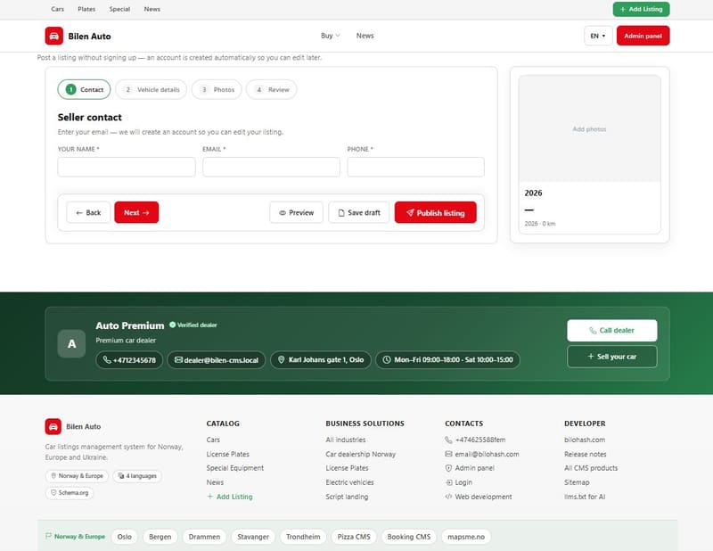 Add listing — multi-step form without signup, plus dealer block and footer